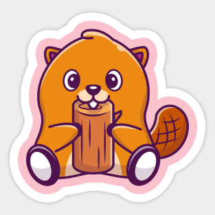 Cute Beaver Bite Wood Cartoon Sticker